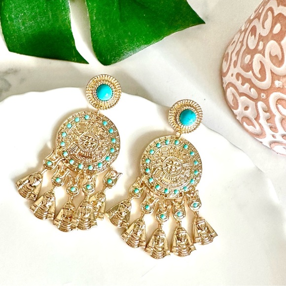 2/$30🌵 Blue Stone Gold Pharoah Egyptian Earrings Tribal Jewelry Gift Boho NEW - Picture 1 of 12